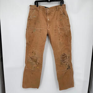 Men's Carhartt Distressed Double Knee Loose Fit Khaki Brown Utility Pants 38x34